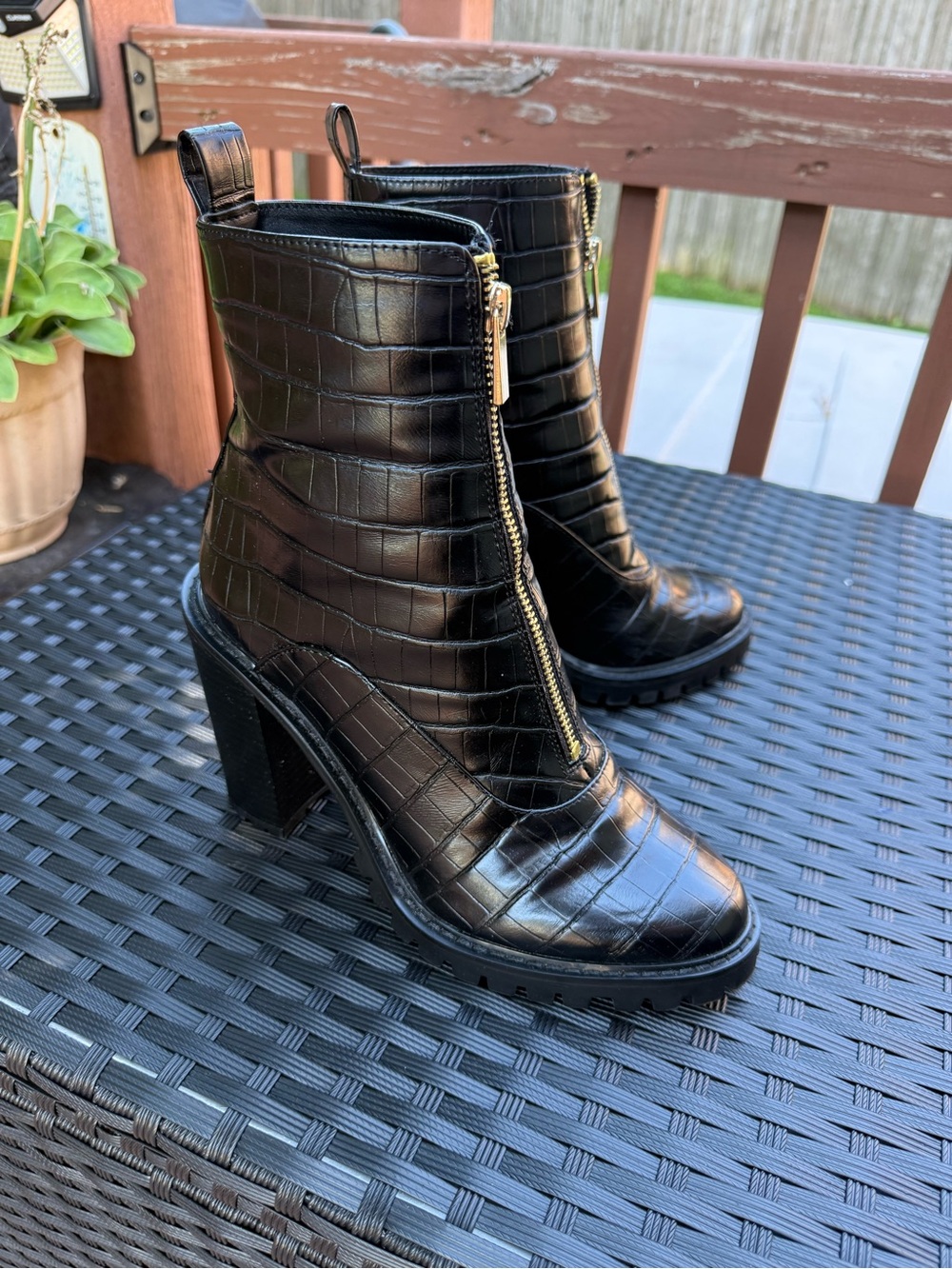 ASOS Black Croc-Embossed Front-Zip Chunky Heeled Y2K Mid-Calf Boots, US 6